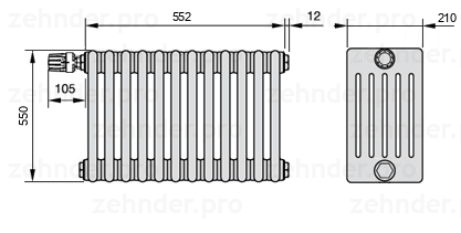 Схема (чертеж) Радиатор Zehnder Charleston 6055/12 №V011 Белый глянцевый RAL 9016